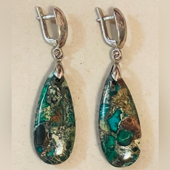 VTG Green Imperial Jasper Teardrop Earrings 925 Sterling Silver Clasp - Picture 1 of 7
